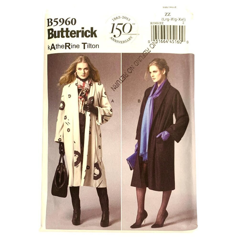 Butterick B5960 Pattern Women's Coat Long Loose Fitting Pockets Size LG XLG XXLG